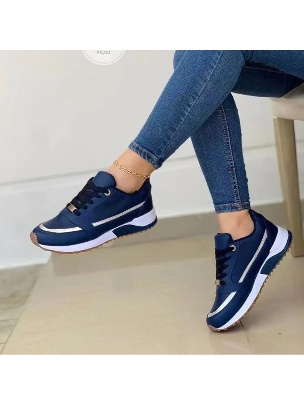 Womens Casual Lace-up Flat Sneakers Navy Blue